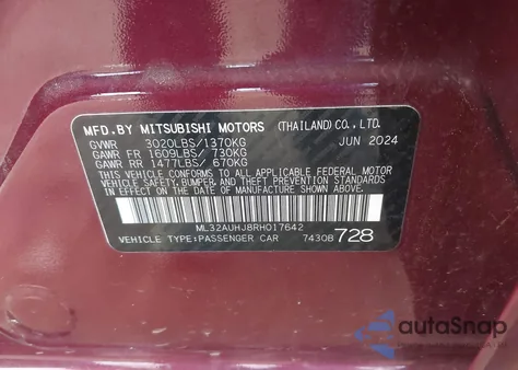 2024 Mitsubishi Mirage Es/Le z USA, uszkodzony, nr VIN ML32AUHJ8RH017642